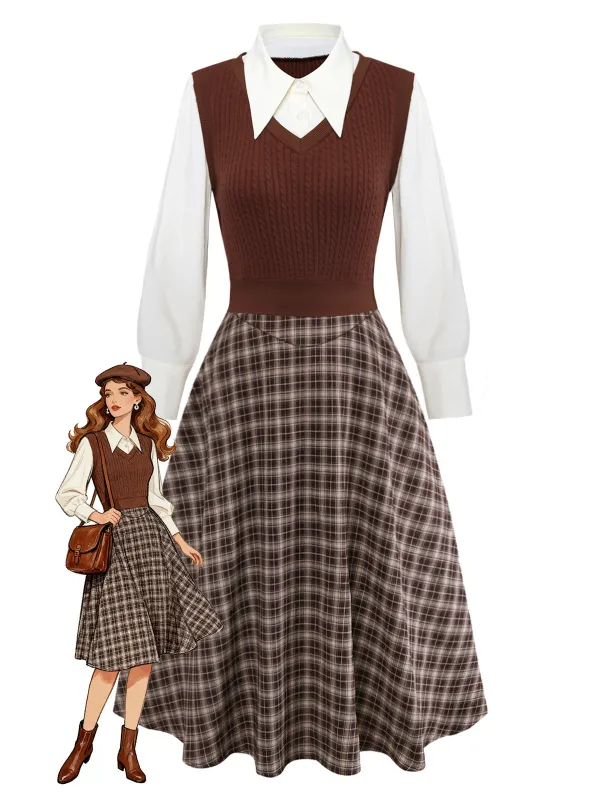 [Pre-Sale] 2PCS Brown 1940s Knitted Faux-2PCS Blouse & Plaid Skirt sold by Retro Stage