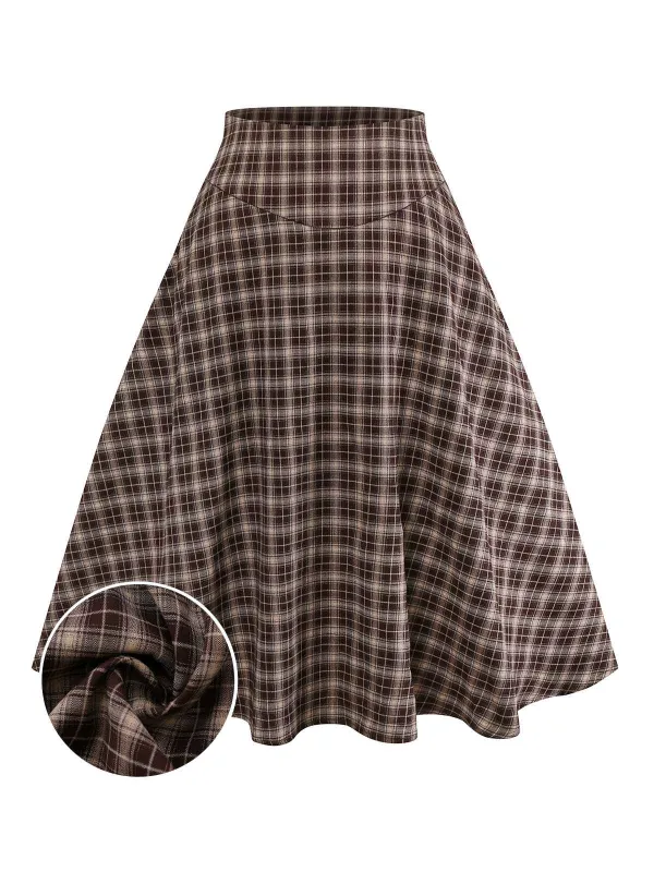 Brown 1940s Gingham Plaid Wide-Waist Skirt sold by Retro Stage