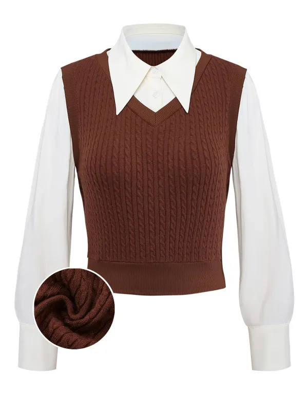 Brown 1940s Knitted Vest Faux-2PCS Blouse sold by Retro Stage