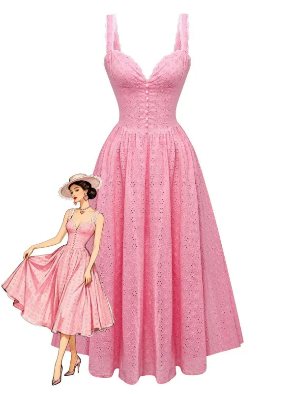 Pink 1950s Lace Floral Embroidered Waist Dress sold by Retro Stage