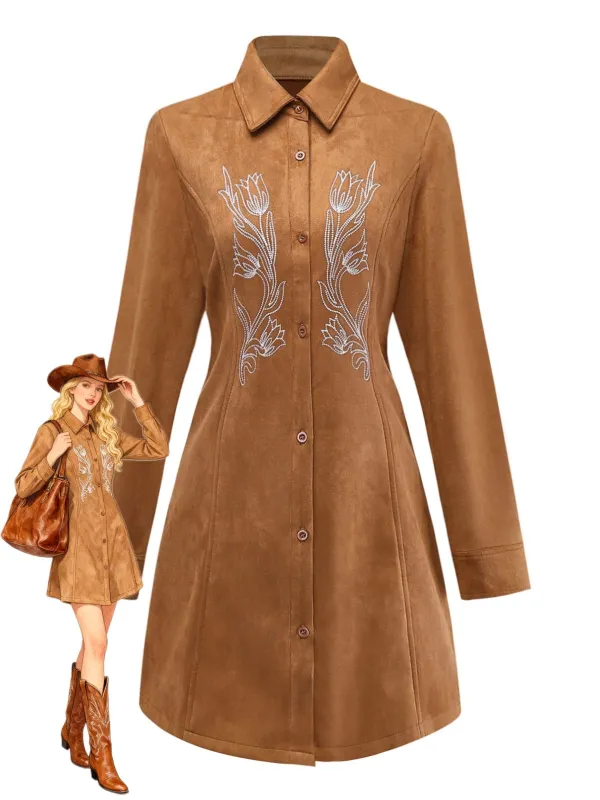 Brown 1970s Lapel Floral Embroidered Faux-Suede Dress sold by Retro Stage