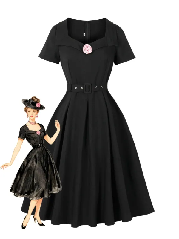 Black 1950s Solid 3D Rose Lapel Swing Dress sold by Retro Stage