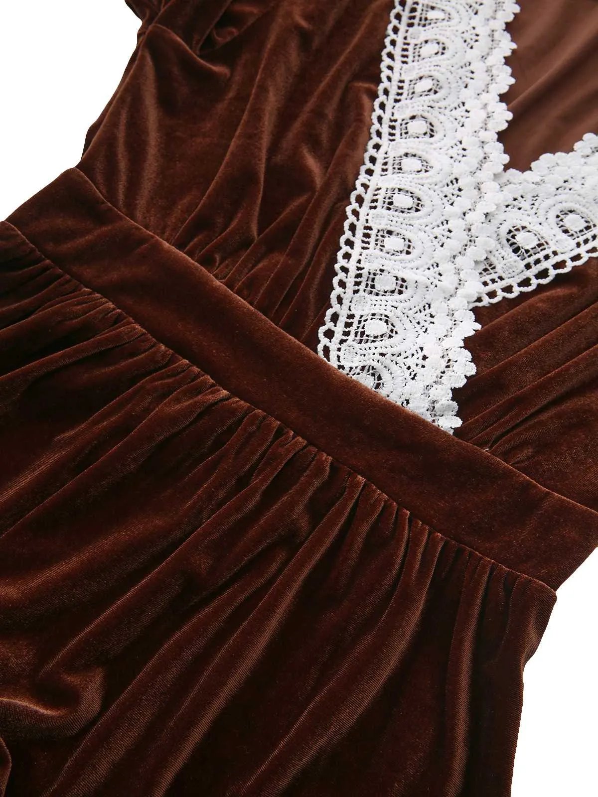 Brown 1940s Solid Lace Patchwork Velvet Dress sold by Retro Stage product image thumbnail 5