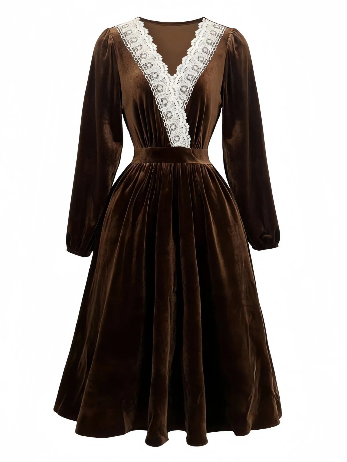 Brown 1940s Solid Lace Patchwork Velvet Dress sold by Retro Stage product image thumbnail 2