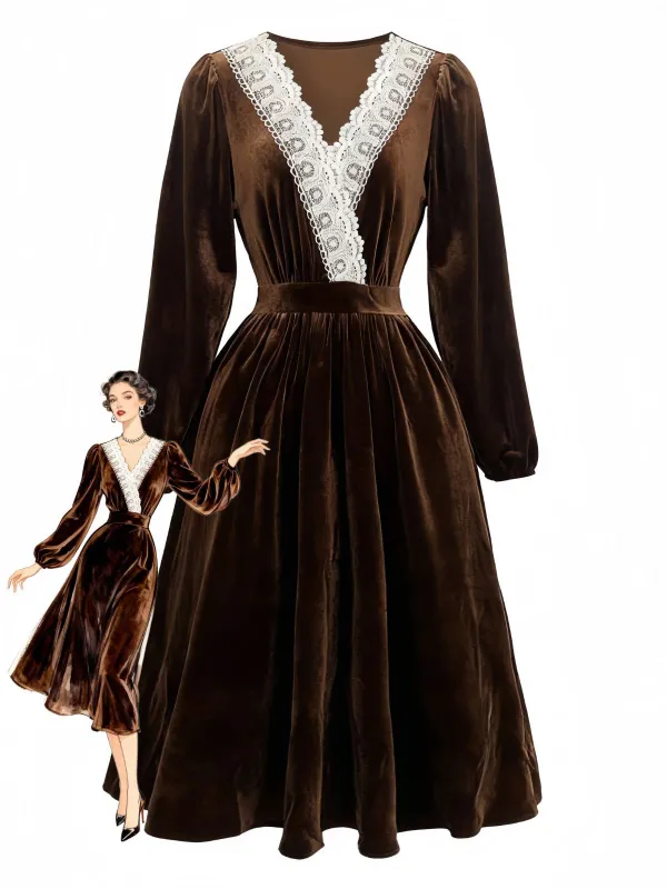 Brown 1940s Solid Lace Patchwork Velvet Dress sold by Retro Stage