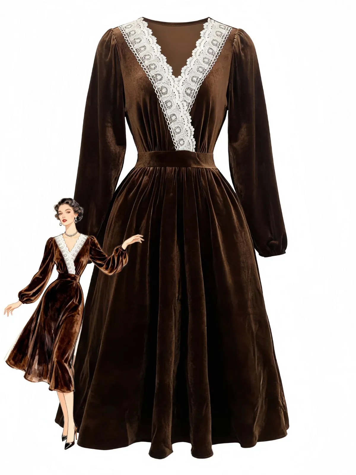 Brown 1940s Solid Lace Patchwork Velvet Dress sold by Retro Stage