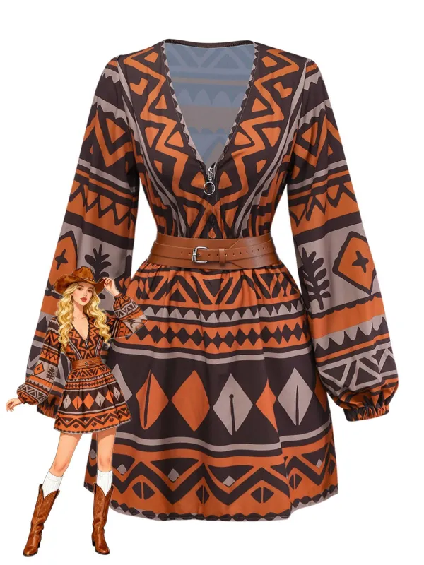 Brown 1970s Deep V-Neck Tirbal Print Boho Dress sold by Retro Stage