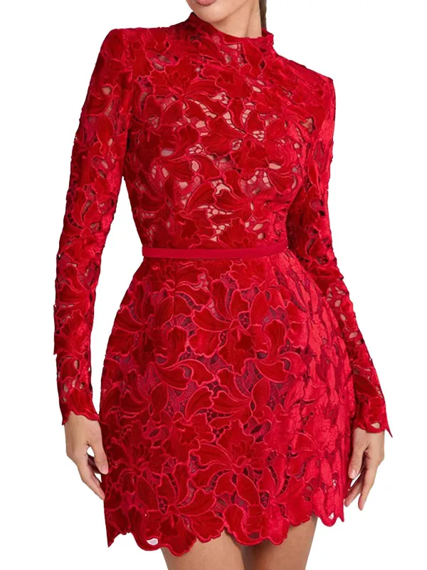 1960s Flocked Floral Lace Half Turtleneck Dress sold by Retro Stage