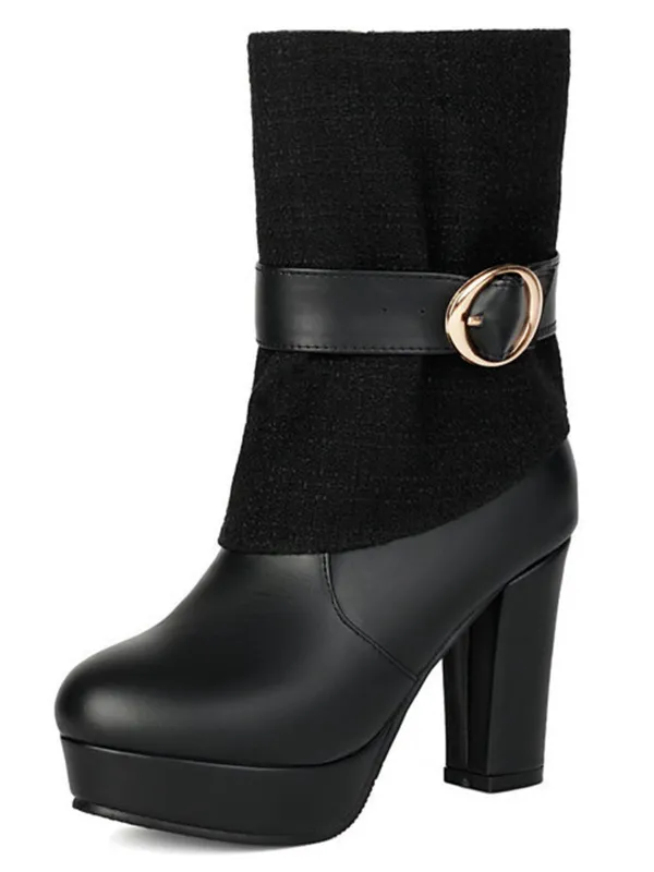 Solid PU Leather Ribbed Knit Patchwork High Heels sold by Retro Stage