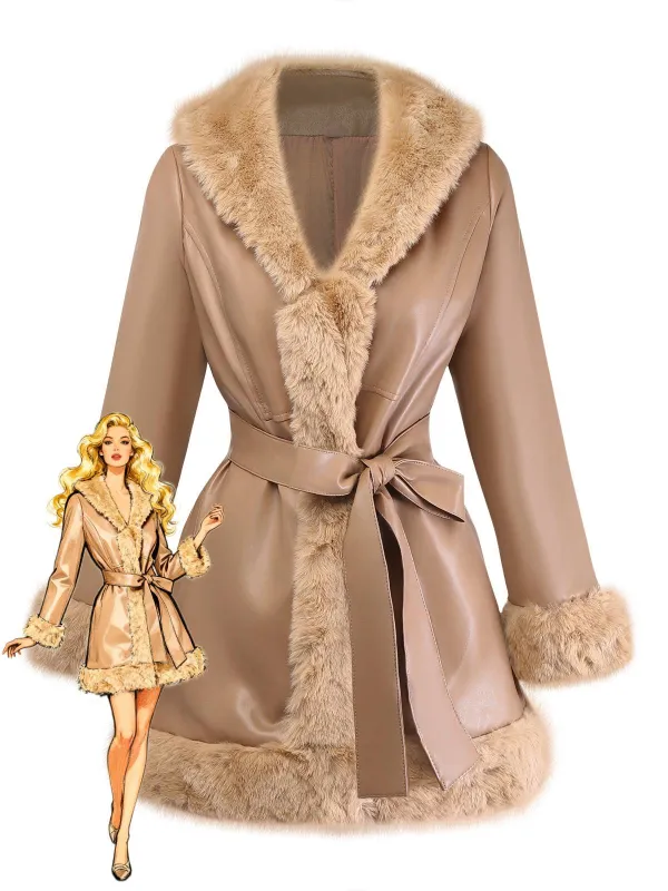Khaki 1940s PU Leather Faux Fur Collar Belted Coat sold by Retro Stage