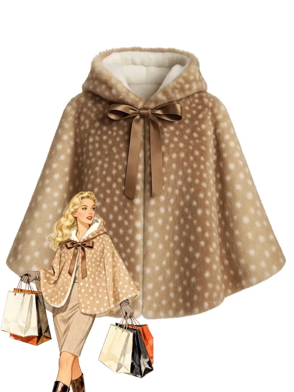 Khaki 1980s Deer Style Faux Fur Hooded Lace-Up Shawl sold by Retro Stage