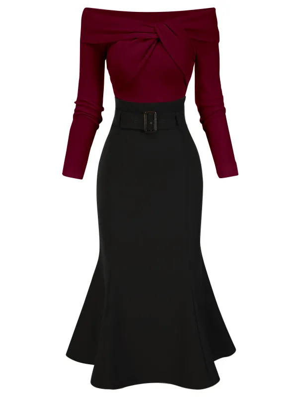 Black 1930s Off Shoulder Knit Belt Mermaid Dress sold by Retro Stage