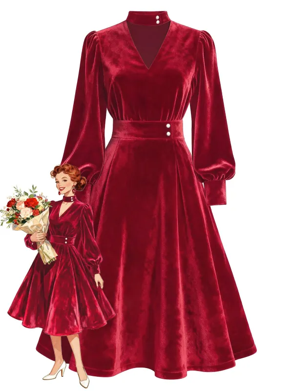 [Pre-Sale] Red 1950s Keyhole V-Neck Pearl Velvet Dress sold by Retro Stage
