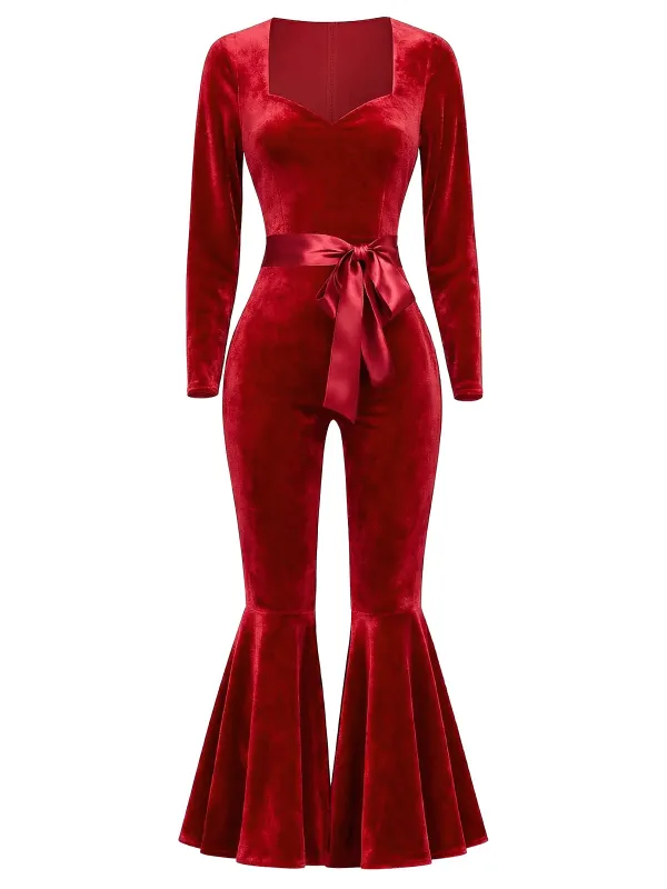 Red 1970s Sweetheart Flare Leg Velvet Jumpsuit sold by Retro Stage