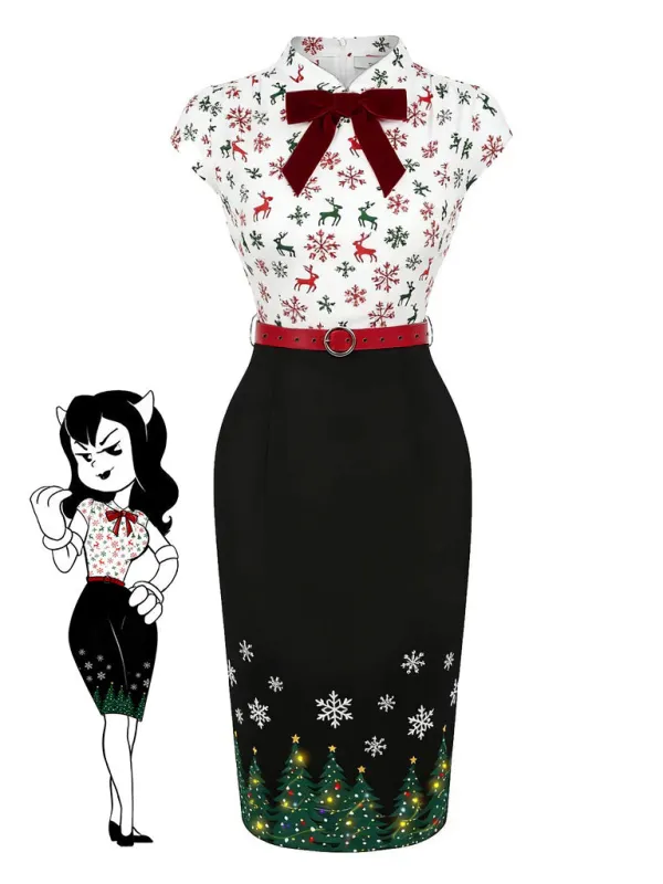 Black 1960s Christmas Tree Reindeer Snowflake Pencil Dress sold by Retro Stage