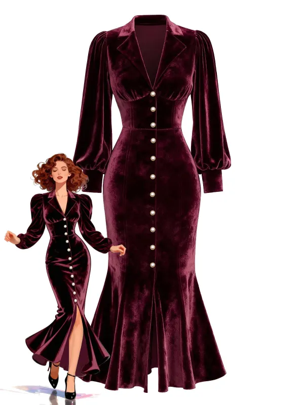 [Pre-Sale] Red 1930s Velvet Pearl Lantern Sleeve Mermaid Dress sold by Retro Stage