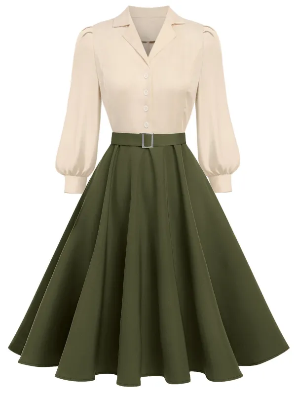 Green 1950s Colorblock Long Sleeve Button Dress sold by Retro Stage