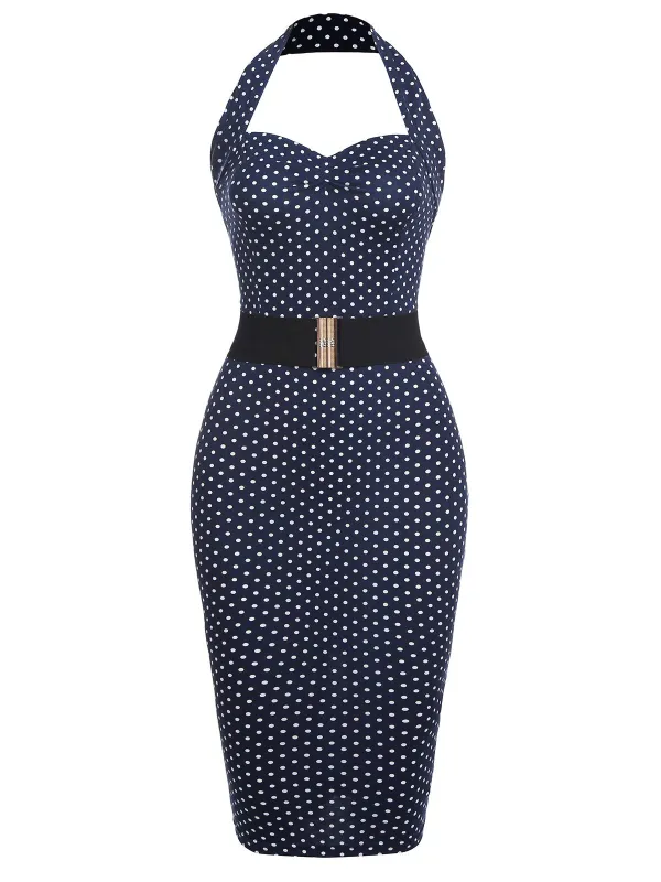 Navy 1960s Halter Dot Bodycon Dress sold by Retro Stage