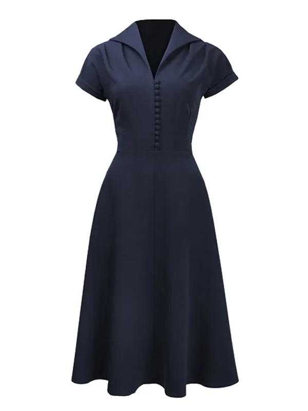 Navy Blue 1940s Button Tea Dress sold by Retro Stage