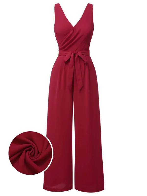 Red 1930s Solid Wasit Tie V-Neck Jumpsuit sold by Retro Stage