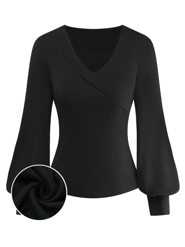 Black 1950S V-Neck Lantern Sleeve Knitted Top sold by Retro Stage