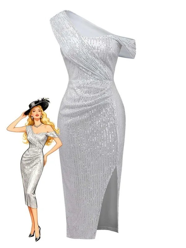 Silver 1920s Sequin One-Shoulder Side-Slit Dress sold by Retro Stage