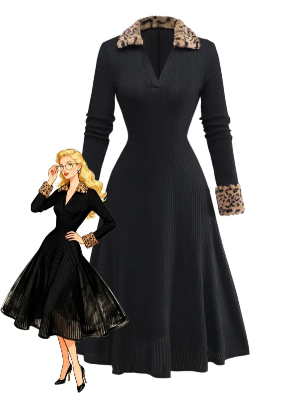 Black 1940s Leopard Faux Fur Trim Ribbed Knit Dress sold by Retro Stage