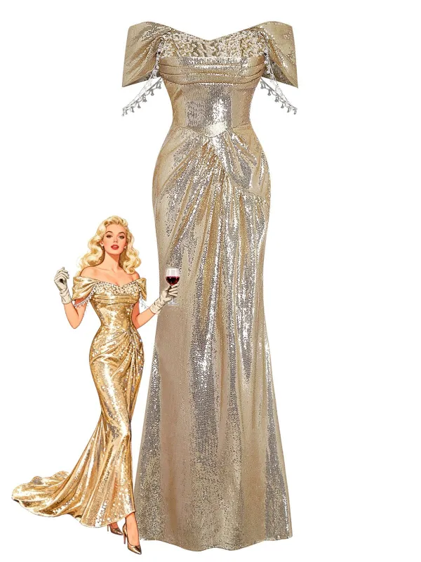 Gold 1980s Off-Shoulder Sequin Party Dress sold by Retro Stage