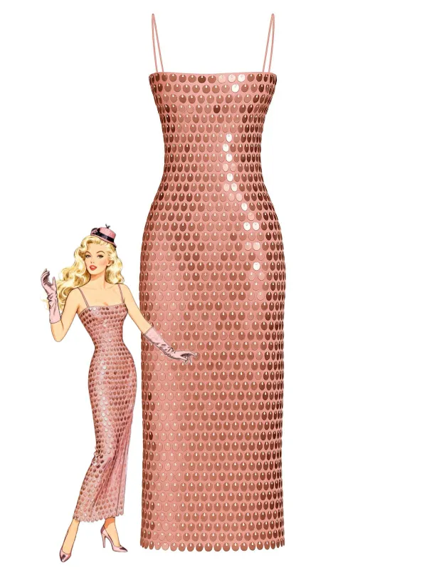 1930s Solid Sequined Back Slit Spaghetti Strap Dress sold by Retro Stage