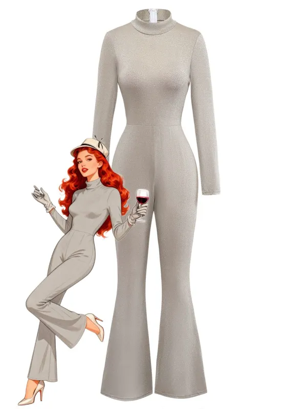 Beige 1980s Glitter Velvet Flared Turtleneck Jumpsuit sold by Retro Stage