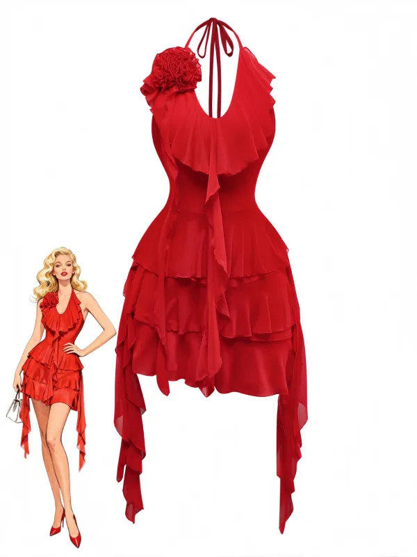 Red 1960s Ruffled 3D Floral Lace-Up Halter Dress sold by Retro Stage