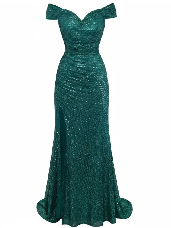 1930s Off-Shoulder Glitter Slit Maxi Dress sold by Retro Stage