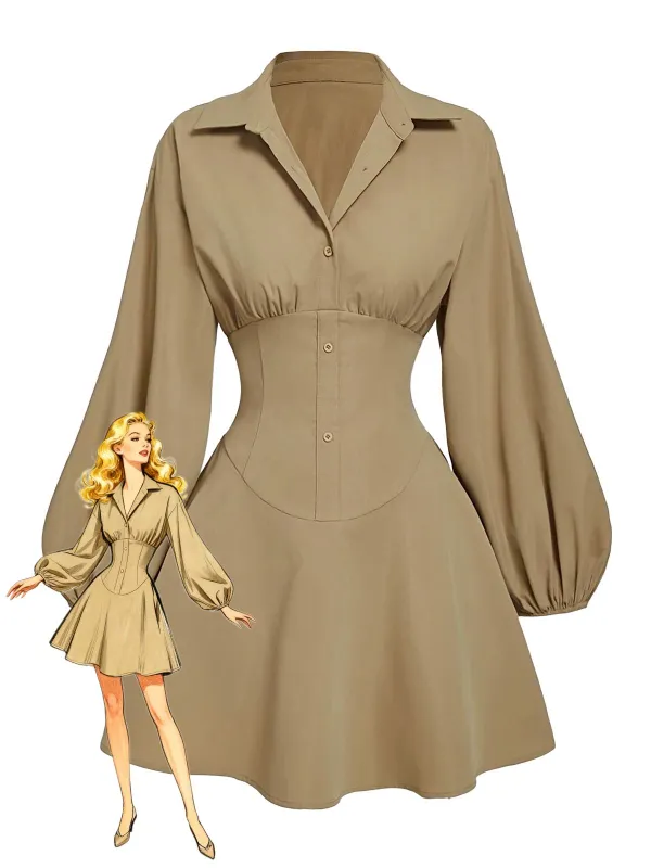 Beige 1960s Puff Sleeves Elastic Cinched Waist Dress sold by Retro Stage