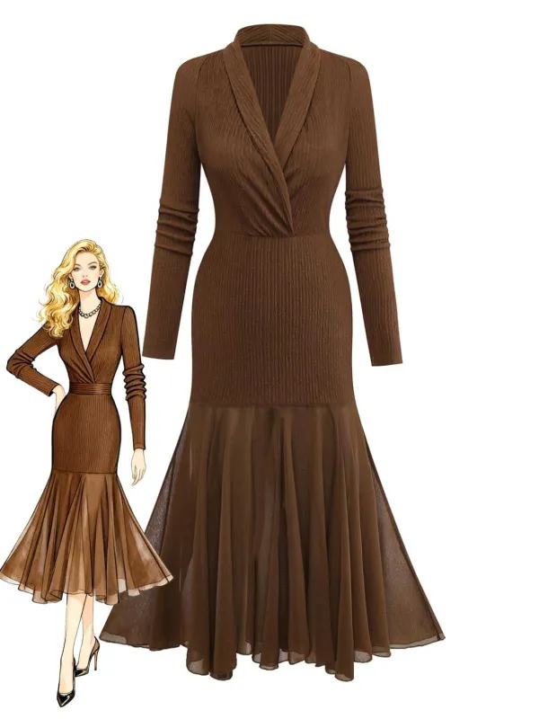 1930s V-Neck Textured Mesh Hem Mermaid Dress sold by Retro Stage