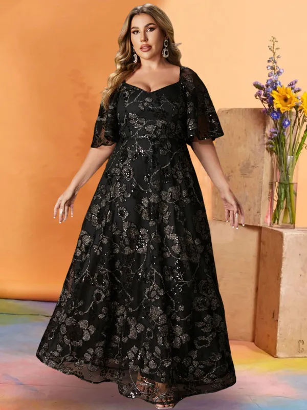 [Plus Size] Black 1930s Sequined Short Sleeves Maxi Dress sold by Retro Stage
