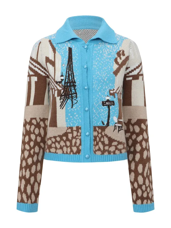 Blue 1970s Landscape Print Lapel Knit Cardigan Sweater sold by Retro Stage