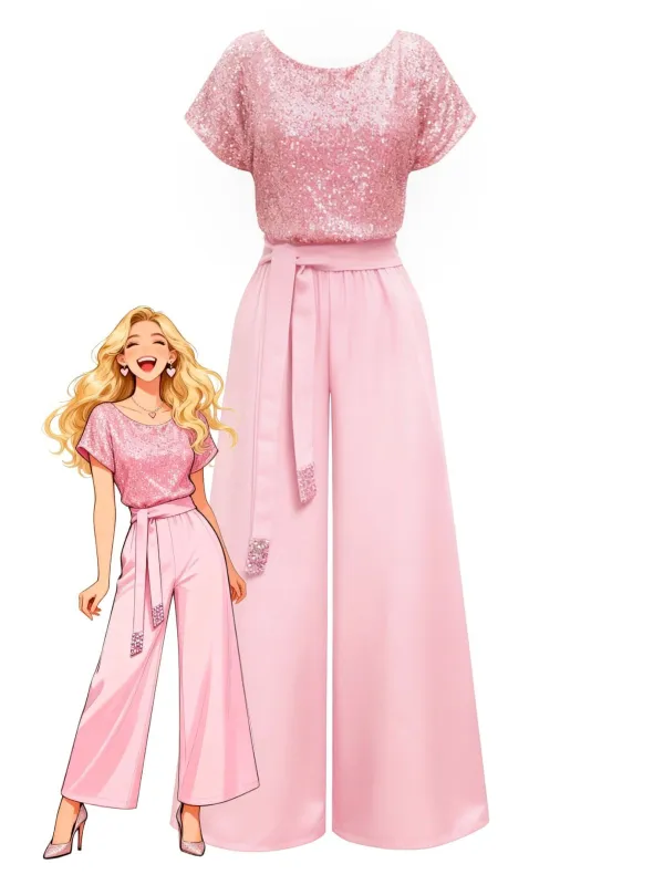 Pink 1960s Sequined Wide-Leg Jumpsuit sold by Retro Stage