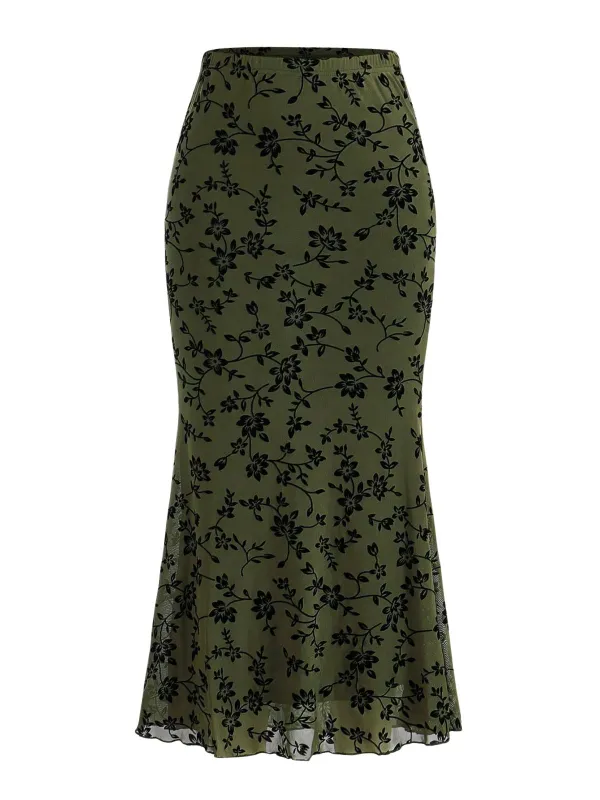 1930s Flocked Floral Maxi Mermaid Skirt sold by Retro Stage