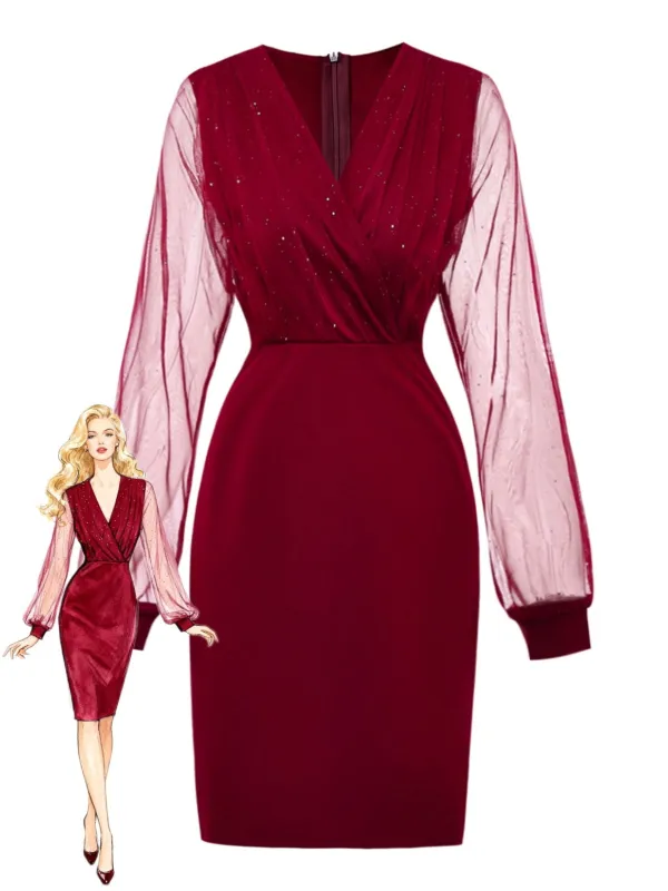 1960s Solid Glitter V-Neck Mesh Bodycon Dress sold by Retro Stage