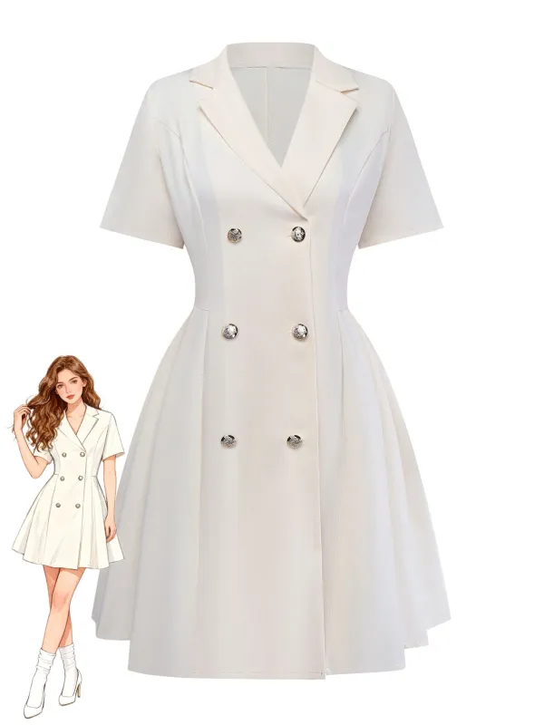 Beige 1970s Double Breasted Lapel Pleated Dress sold by Retro Stage