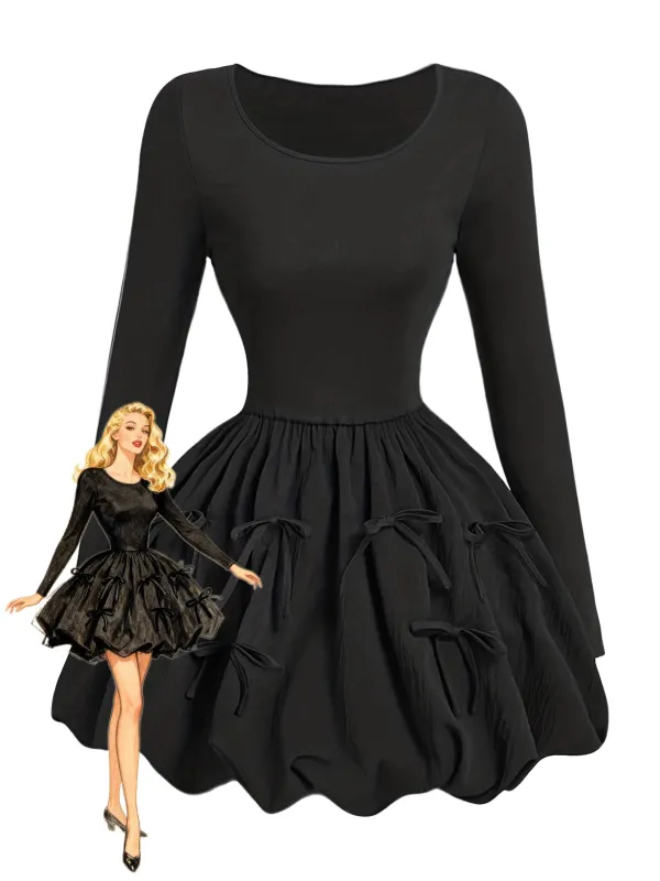 Black 1970s 3D-Bow Solid Bubble Dress sold by Retro Stage