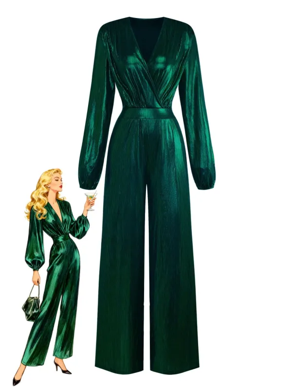Dark Green 1930s Metallic V-Neck Lantern Sleeve Jumpsuit sold by Retro Stage
