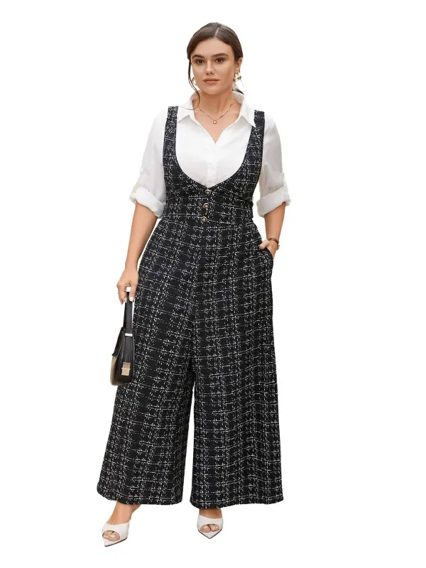 [Plus Size] Black 1950s Plaid Wide-Leg Overalls Jumpsuit sold by Retro Stage