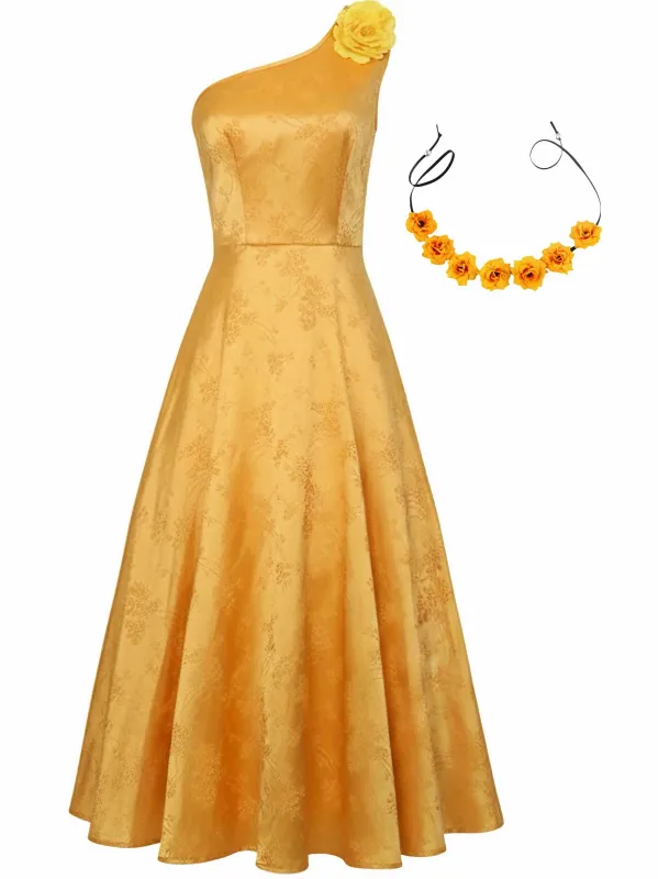 1950s One-Shoulder Jacquard Judy Cosplay Dress With 3D Floral Hairband sold by Retro Stage