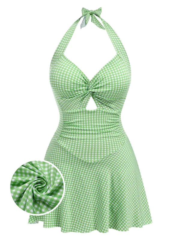 Light Green 1930s Plaid Halter One-Piece Swimsuit sold by Retro Stage