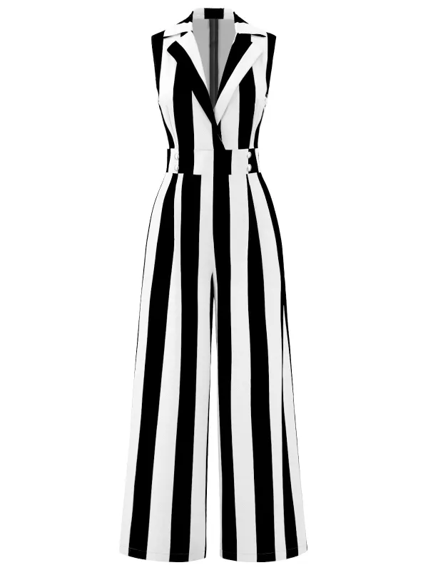 1930s V-Neck Black & White Vertical Stripes Jumpsuit sold by Retro Stage