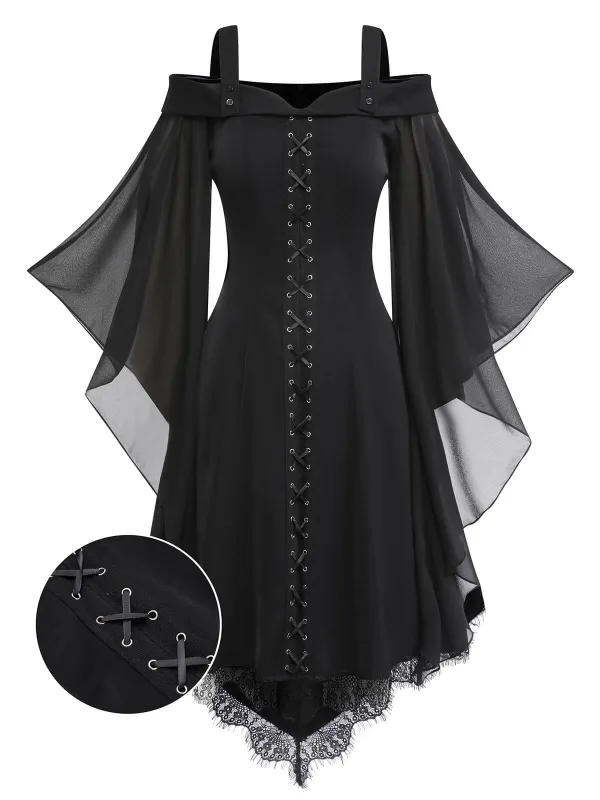 [US Warehouse] Black 1950s Bat Sleeve Lace-Up Dress sold by Retro Stage