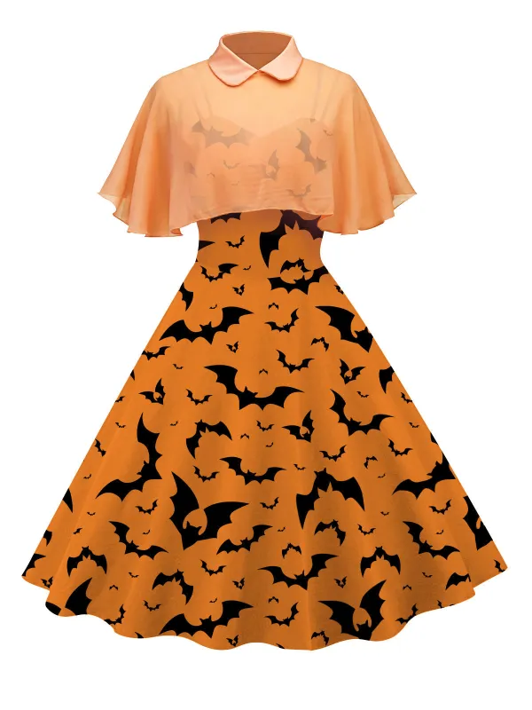 [US Warehouse] Orange 1950s Cape Patchwork Swing Dress made by Retro Stage