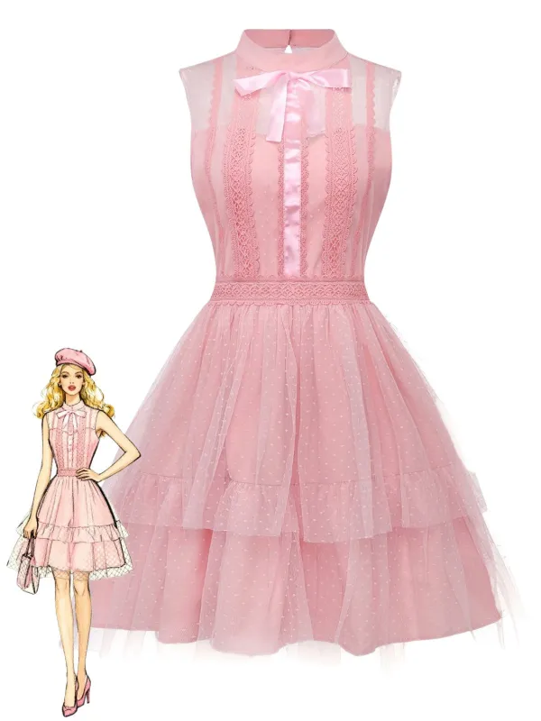 Pink 1960s Lace Trim Ribbon Bow Sleeveless Tulle Dress sold by Retro Stage