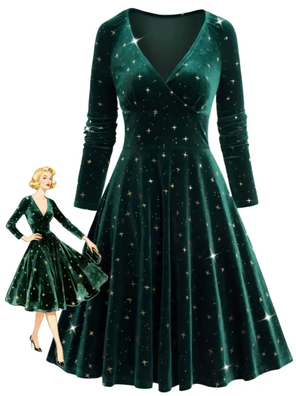 Dark Green 1940s V-Neck Star Velvet Dress sold by Retro Stage